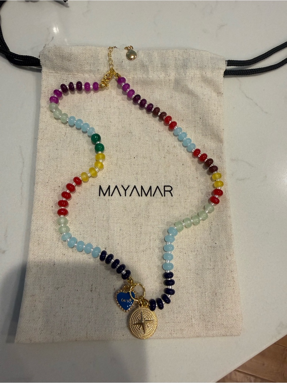 NEW Mayamar Rainbow Beaded Gold Compass & Heart Charm Necklace Layering Boho